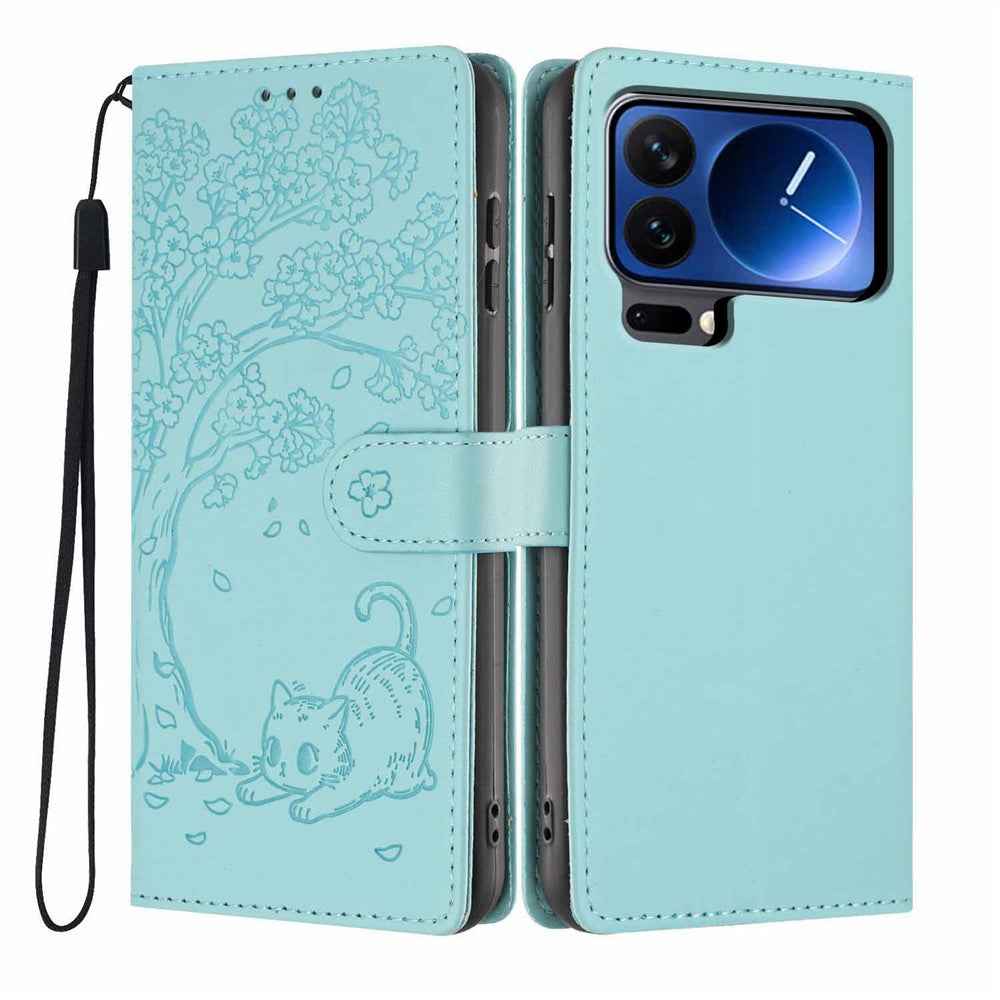 For Xiaomi 17 Pro Stand Case Tree-and-Cat Pattern PU Leather Wallet Protective Phone Cover with Wrist Strap - Light Green
