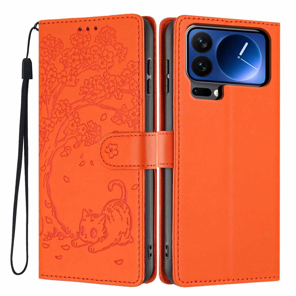 For Xiaomi 17 Pro Max Stand Case Tree-and-Cat Pattern PU Leather Wallet Protective Phone Cover with Wrist Strap - Orange