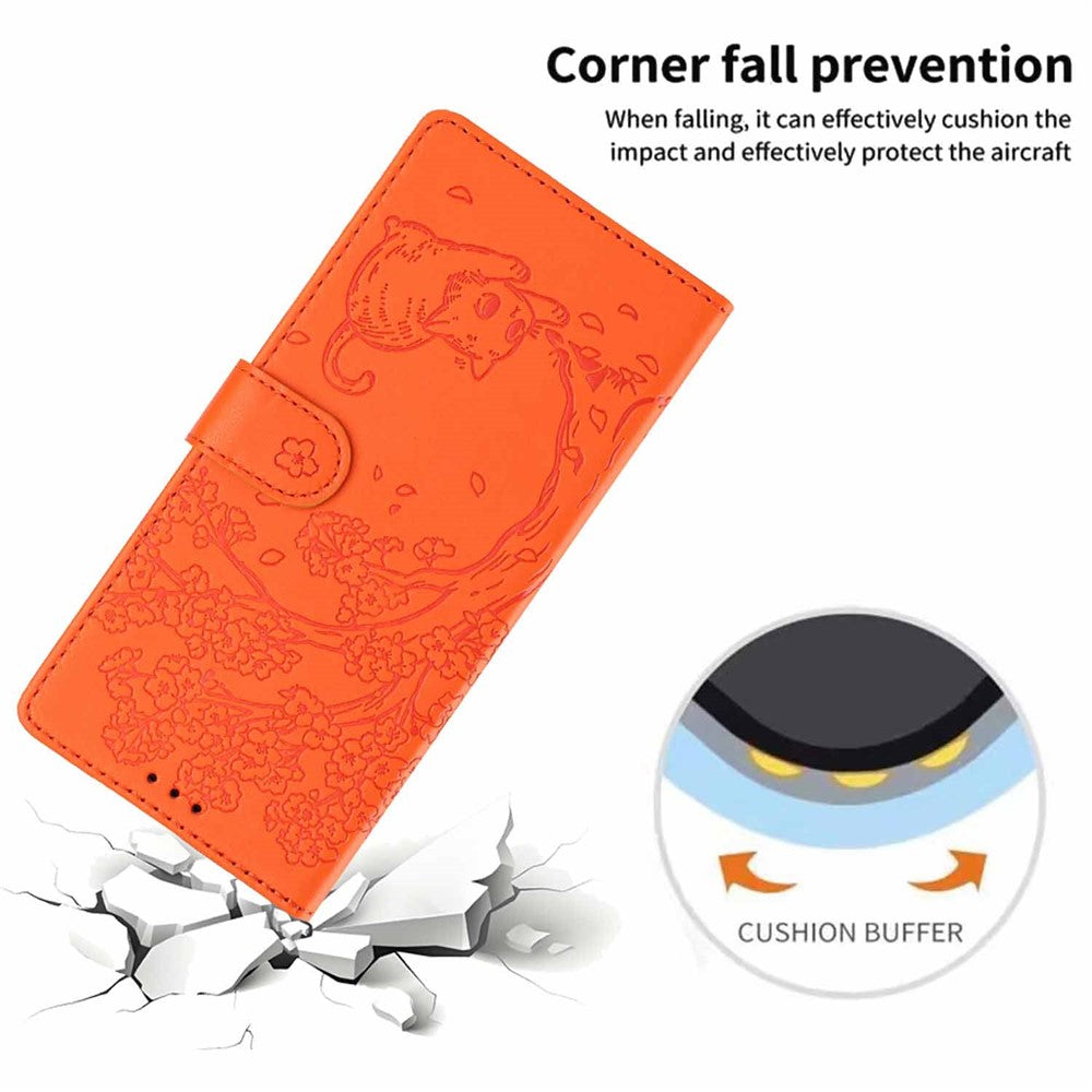 For Xiaomi 17 Pro Max Stand Case Tree-and-Cat Pattern PU Leather Wallet Protective Phone Cover with Wrist Strap - Orange