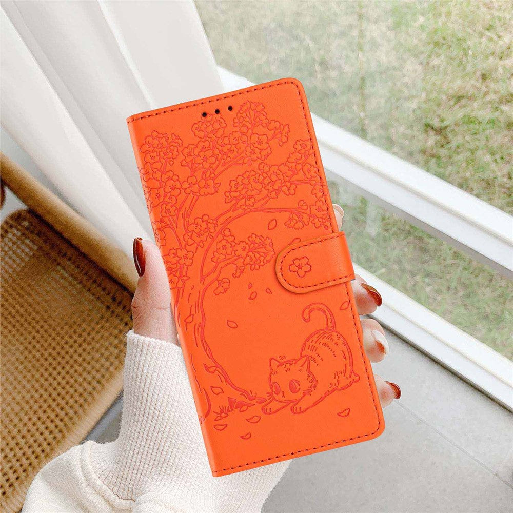 For Xiaomi 17 Pro Max Stand Case Tree-and-Cat Pattern PU Leather Wallet Protective Phone Cover with Wrist Strap - Orange