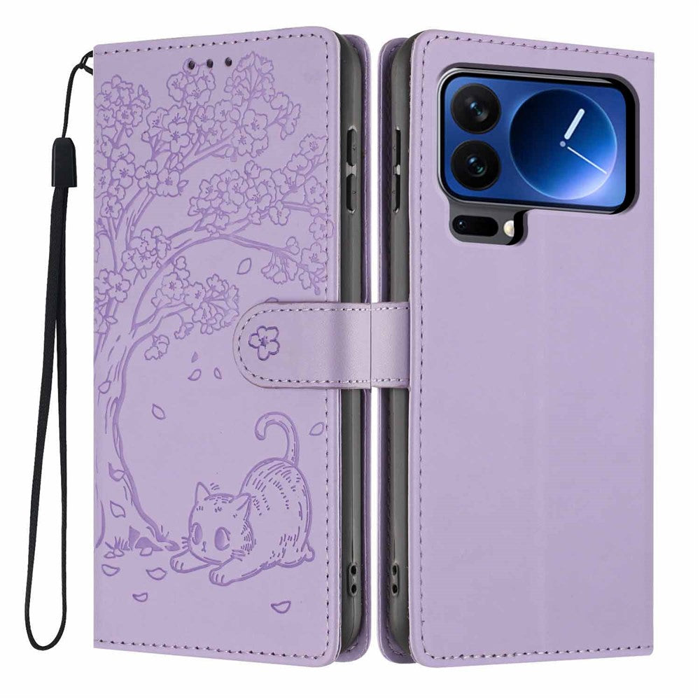 For Xiaomi 17 Pro Max Stand Case Tree-and-Cat Pattern PU Leather Wallet Protective Phone Cover with Wrist Strap - Purple