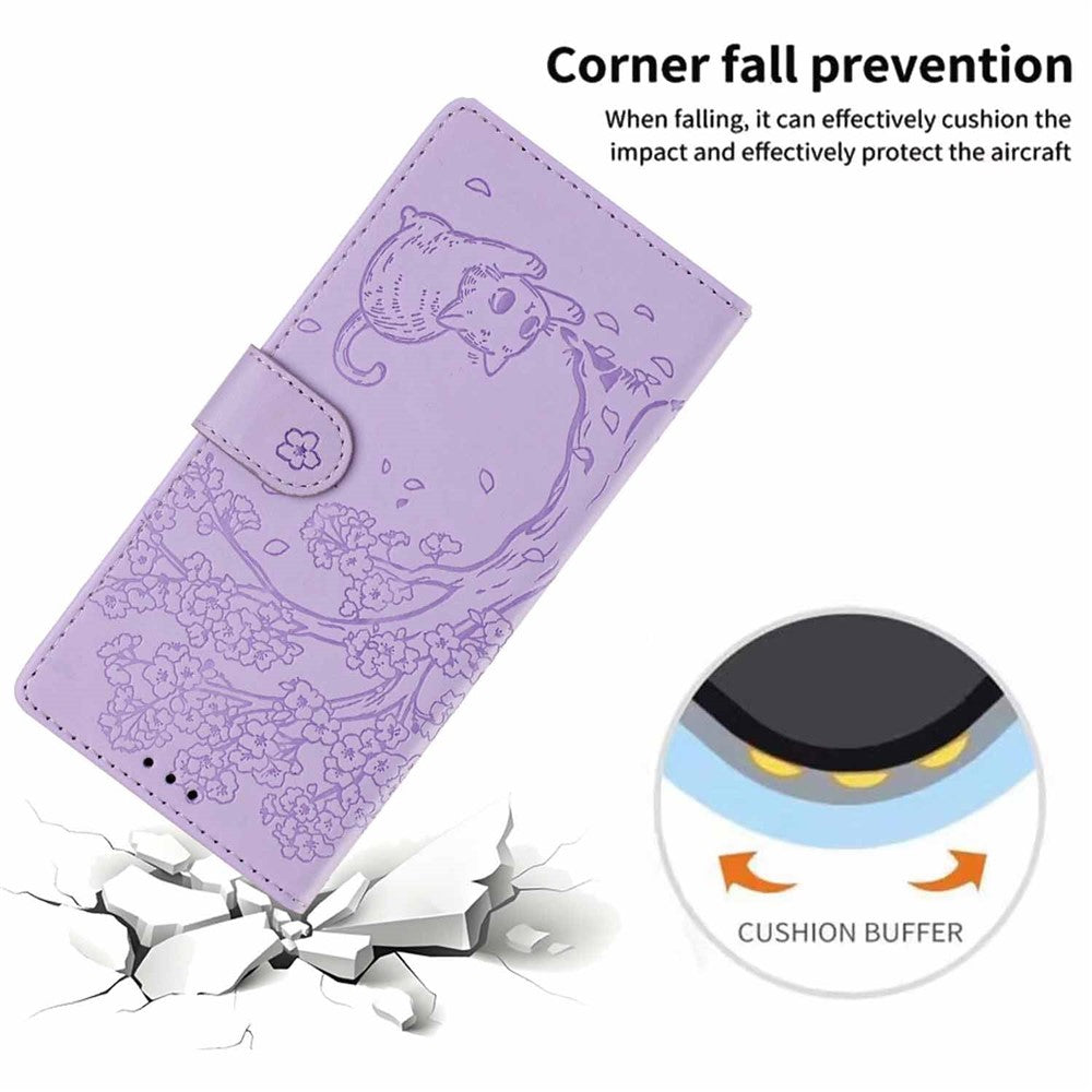 For Xiaomi 17 Pro Max Stand Case Tree-and-Cat Pattern PU Leather Wallet Protective Phone Cover with Wrist Strap - Purple