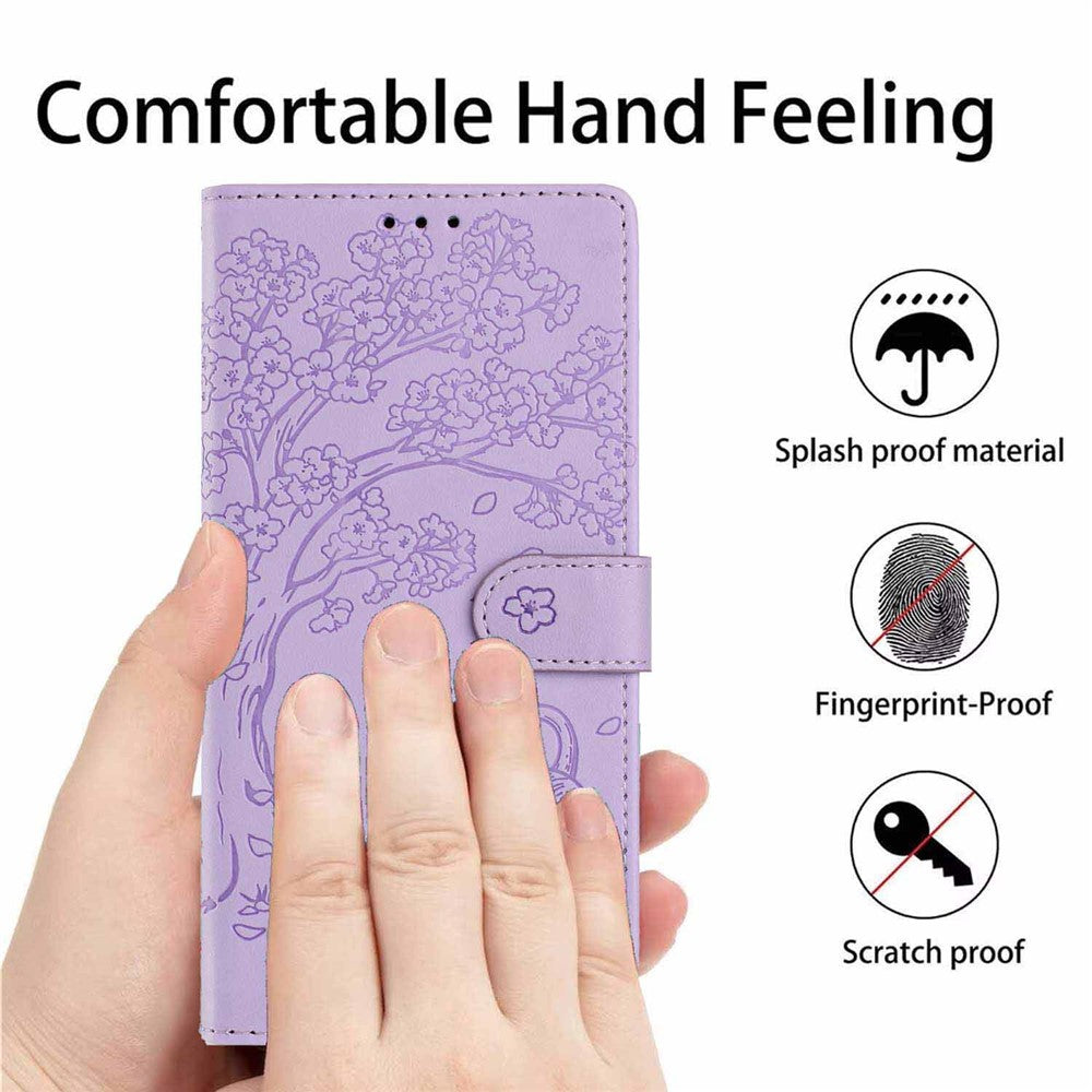 For Xiaomi 17 Pro Max Stand Case Tree-and-Cat Pattern PU Leather Wallet Protective Phone Cover with Wrist Strap - Purple