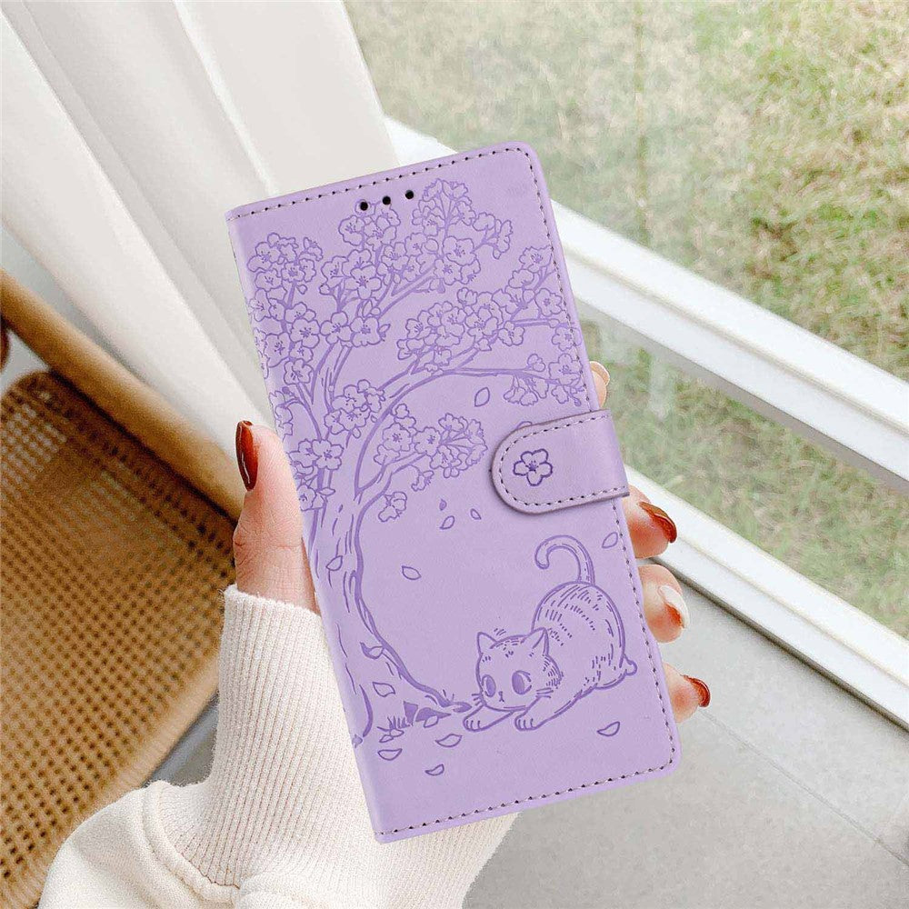 For Xiaomi 17 Pro Max Stand Case Tree-and-Cat Pattern PU Leather Wallet Protective Phone Cover with Wrist Strap - Purple