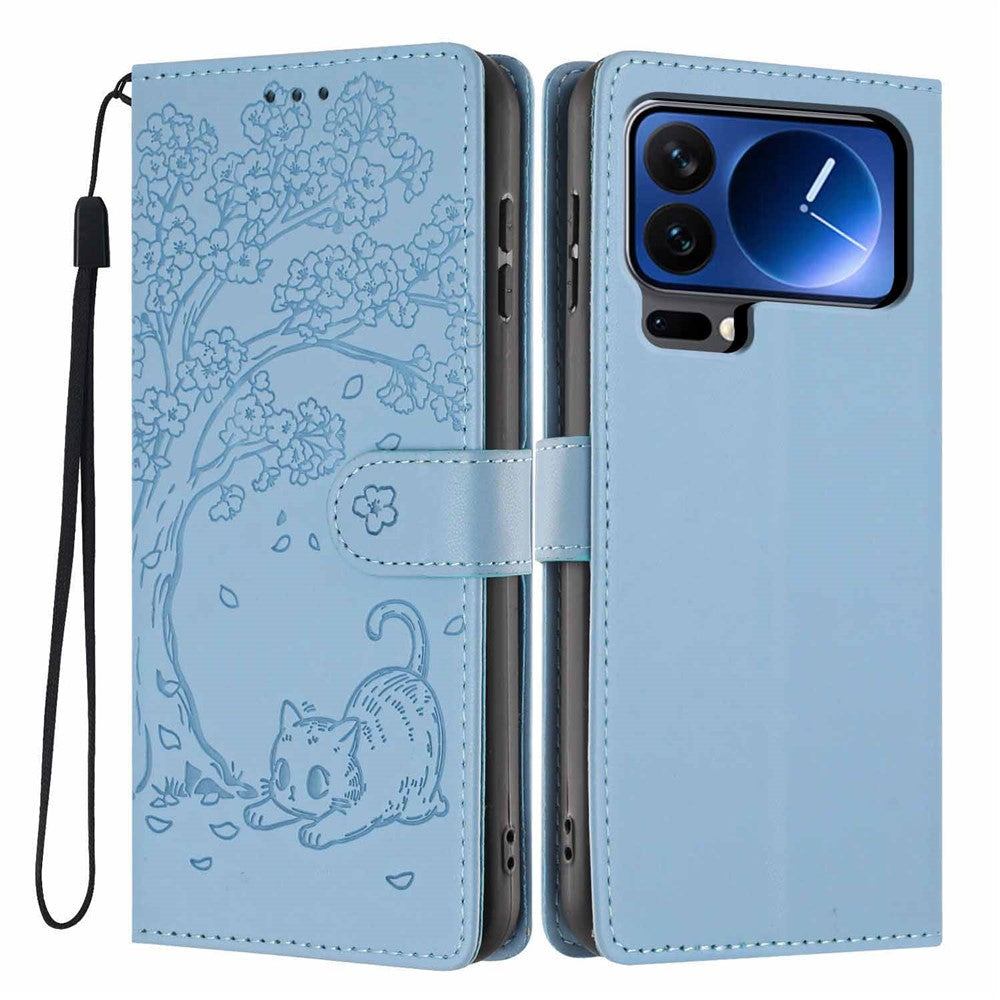 For Xiaomi 17 Pro Max Stand Case Tree-and-Cat Pattern PU Leather Wallet Protective Phone Cover with Wrist Strap - Sky Blue