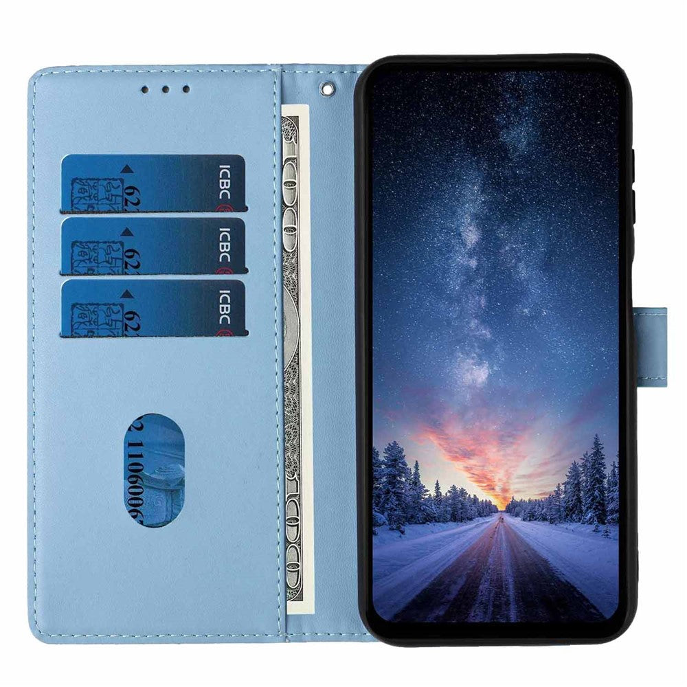 For Xiaomi 17 Pro Max Stand Case Tree-and-Cat Pattern PU Leather Wallet Protective Phone Cover with Wrist Strap - Sky Blue