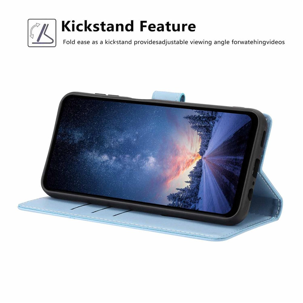 For Xiaomi 17 Pro Max Stand Case Tree-and-Cat Pattern PU Leather Wallet Protective Phone Cover with Wrist Strap - Sky Blue