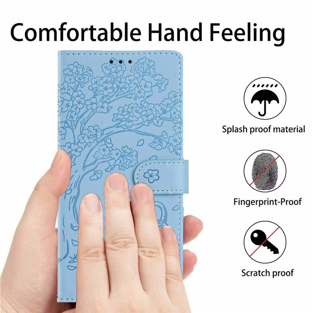 For Xiaomi 17 Pro Max Stand Case Tree-and-Cat Pattern PU Leather Wallet Protective Phone Cover with Wrist Strap - Sky Blue