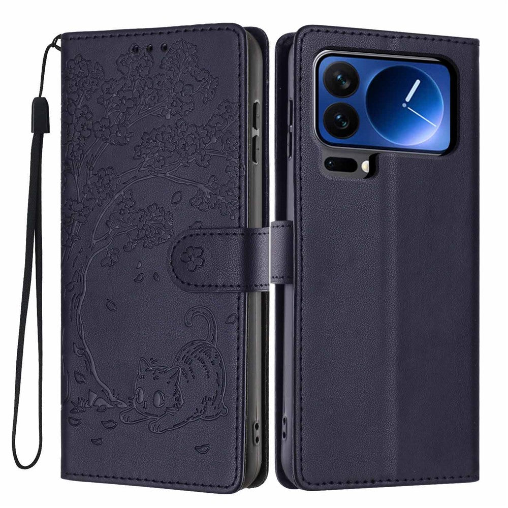 For Xiaomi 17 Pro Max Stand Case Tree-and-Cat Pattern PU Leather Wallet Protective Phone Cover with Wrist Strap - Blue