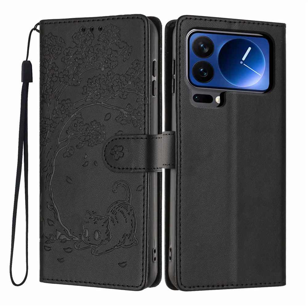 For Xiaomi 17 Pro Max Stand Case Tree-and-Cat Pattern PU Leather Wallet Protective Phone Cover with Wrist Strap - Black