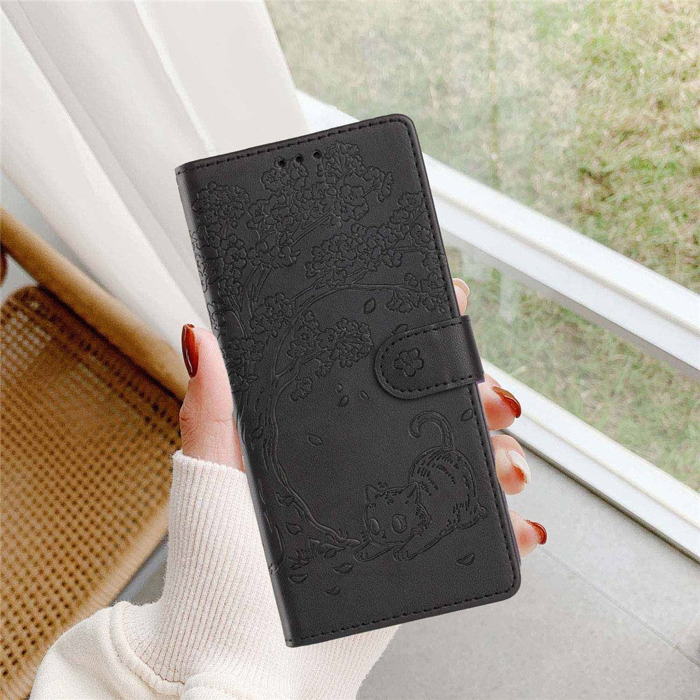 For Xiaomi 17 Pro Max Stand Case Tree-and-Cat Pattern PU Leather Wallet Protective Phone Cover with Wrist Strap - Black