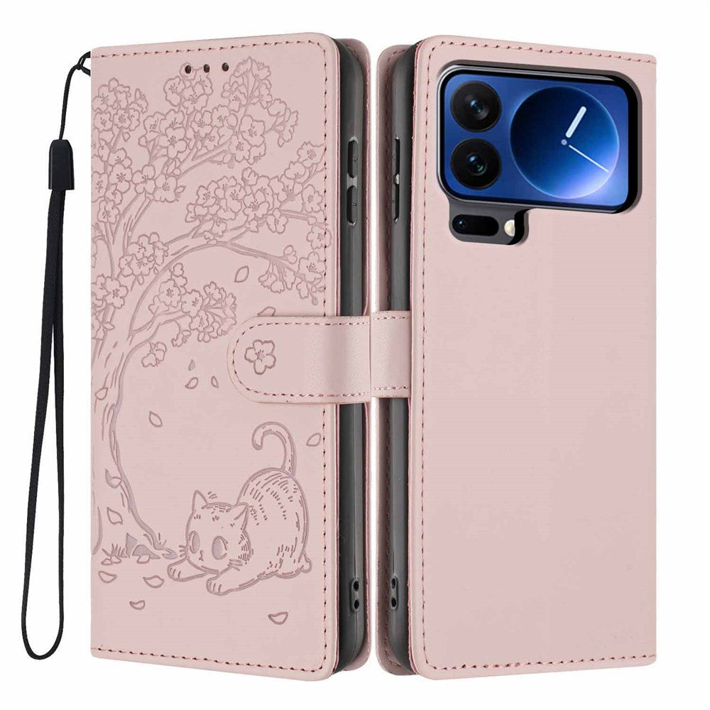 For Xiaomi 17 Pro Max Stand Case Tree-and-Cat Pattern PU Leather Wallet Protective Phone Cover with Wrist Strap - Pink
