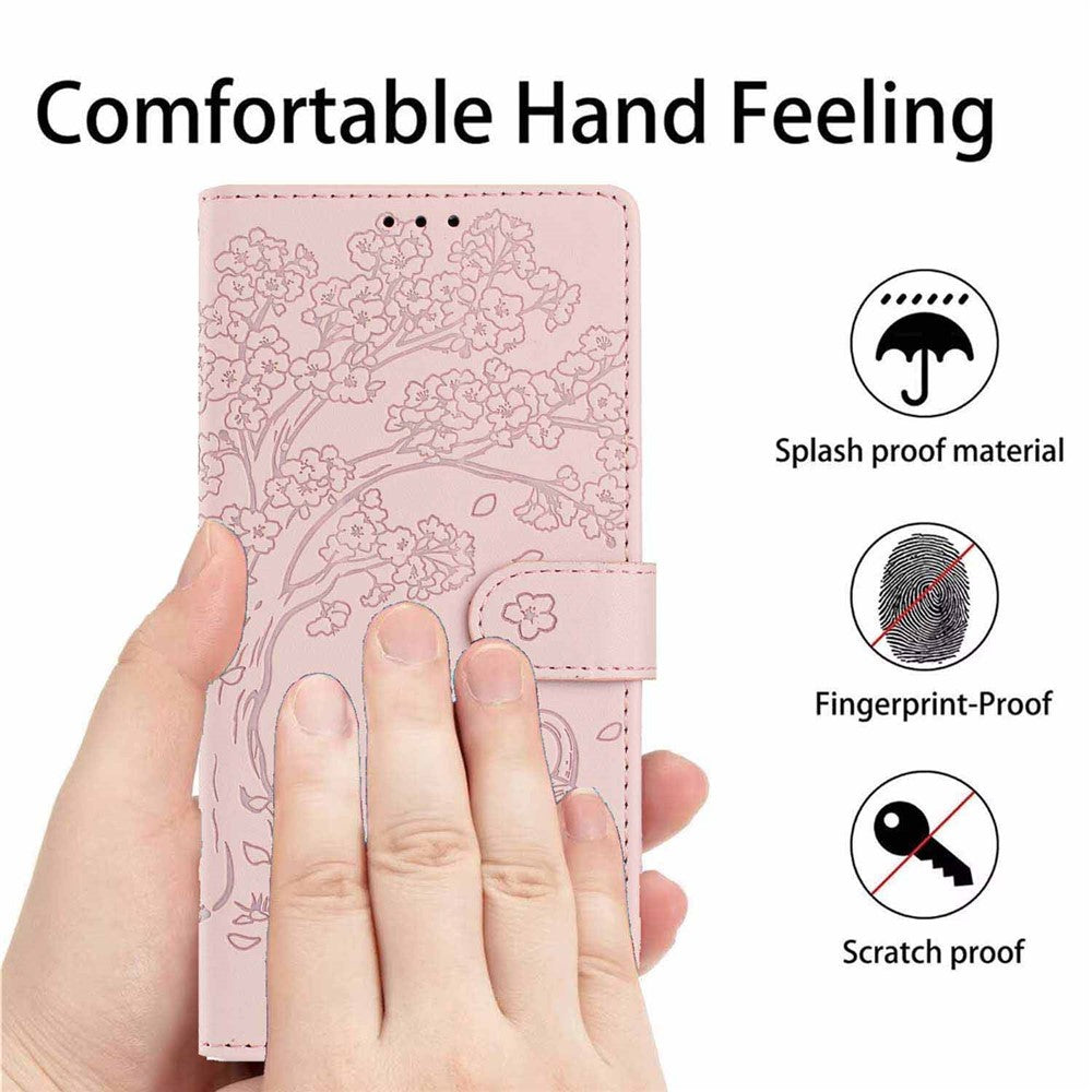 For Xiaomi 17 Pro Max Stand Case Tree-and-Cat Pattern PU Leather Wallet Protective Phone Cover with Wrist Strap - Pink