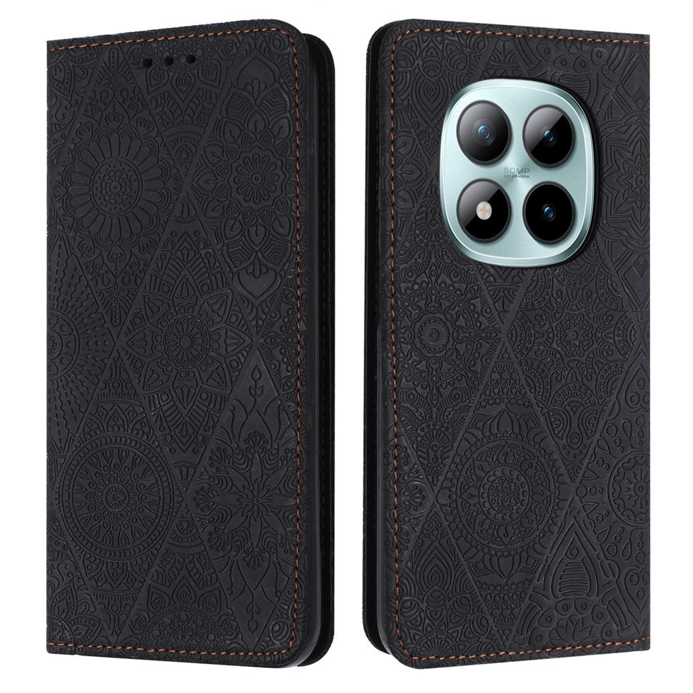 For Xiaomi Redmi Note 15 Pro 4G (Global) Case Imprinted Flower Wallet Stand Leather Phone Cover - Black