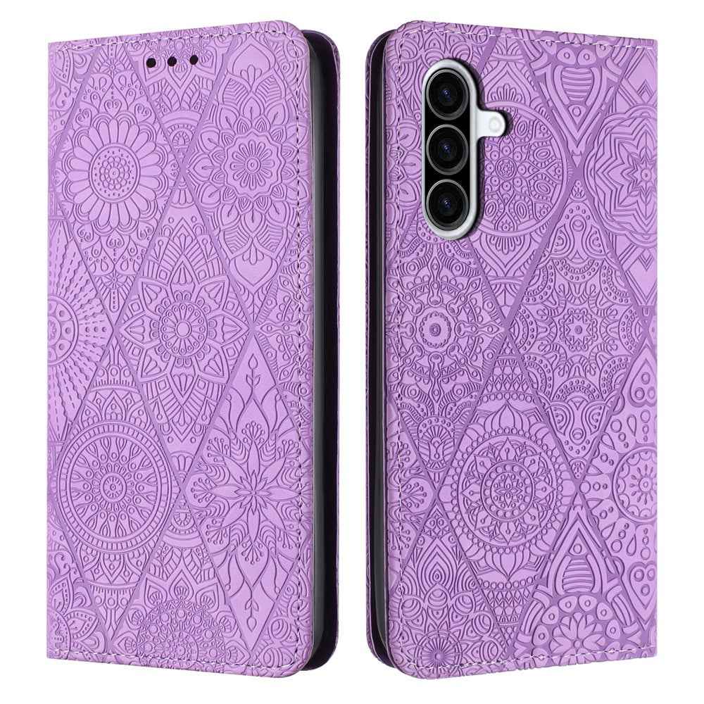 For Samsung Galaxy A57 5G Case Imprinted Flower Wallet Stand Leather Phone Cover - Purple