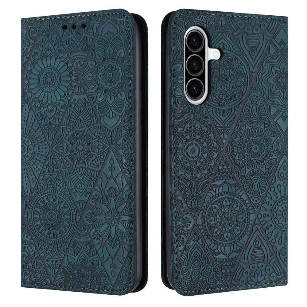 For Samsung Galaxy A57 5G Case Imprinted Flower Wallet Stand Leather Phone Cover - Green