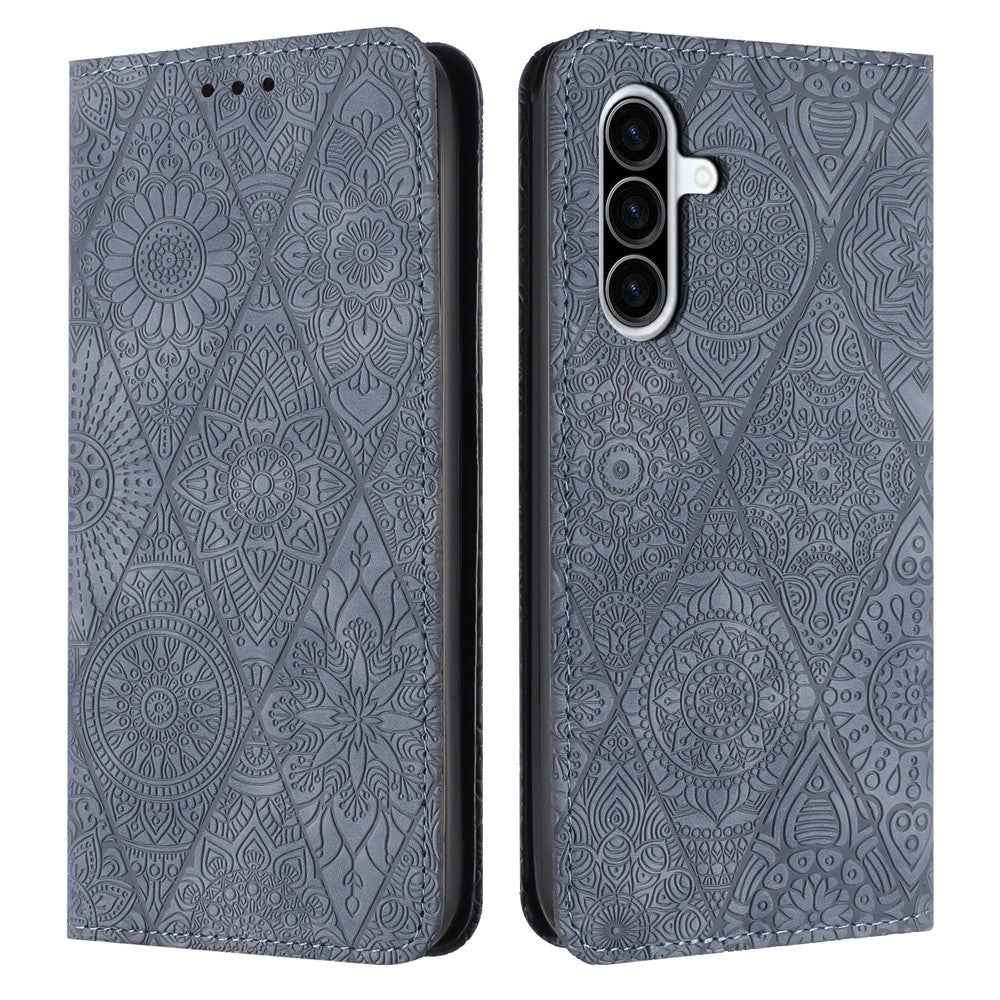 For Samsung Galaxy A57 5G Case Imprinted Flower Wallet Stand Leather Phone Cover - Grey