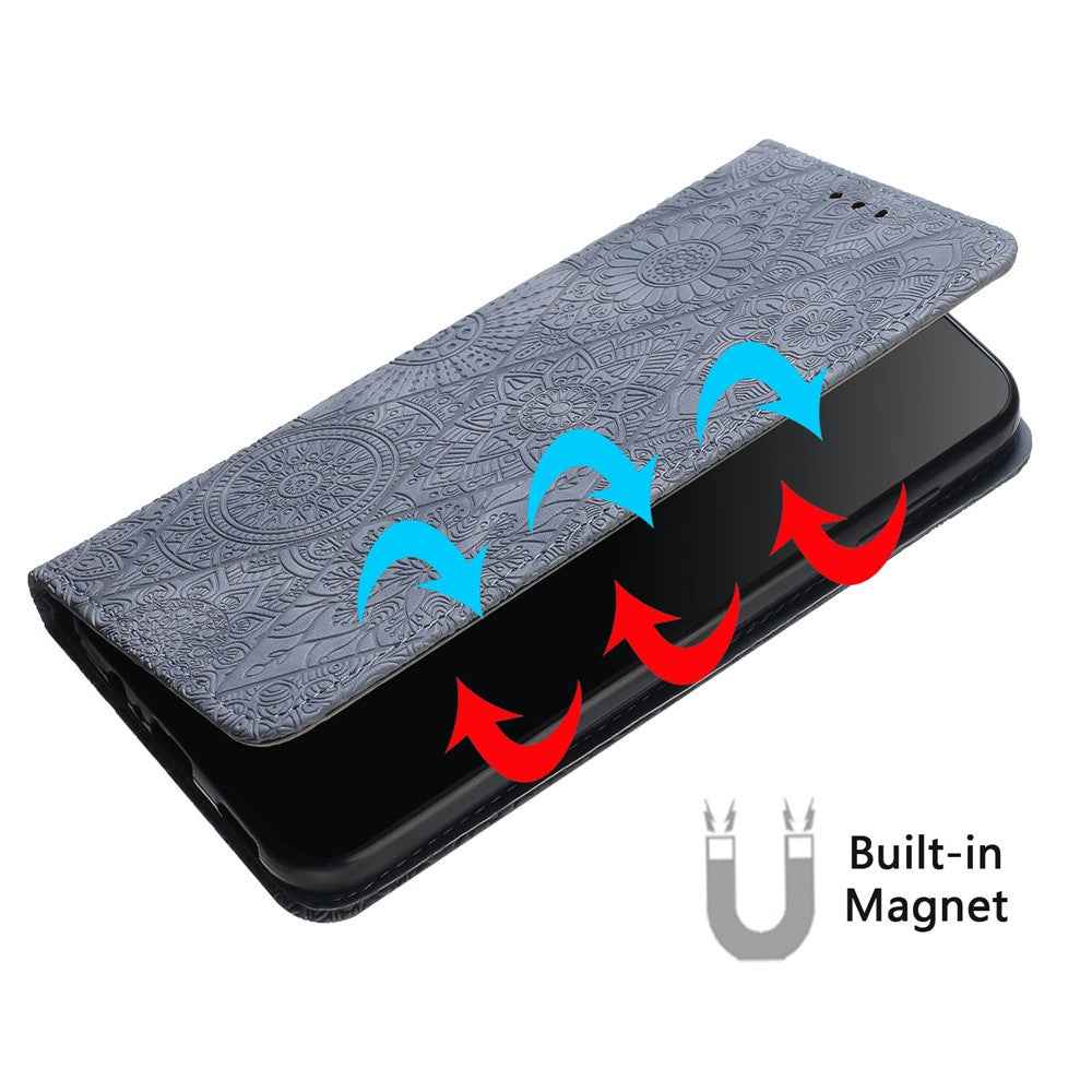 For Samsung Galaxy A57 5G Case Imprinted Flower Wallet Stand Leather Phone Cover - Grey