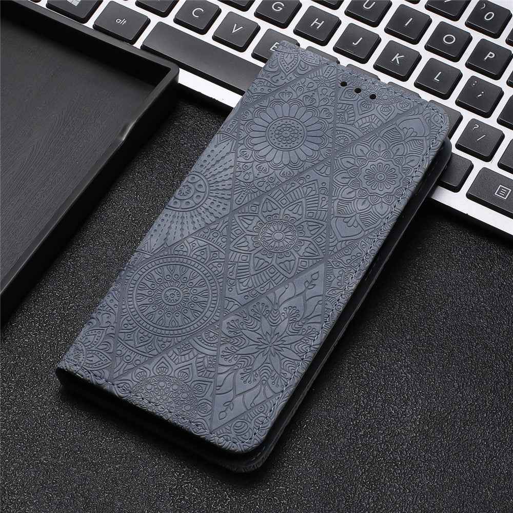 For Samsung Galaxy A57 5G Case Imprinted Flower Wallet Stand Leather Phone Cover - Grey