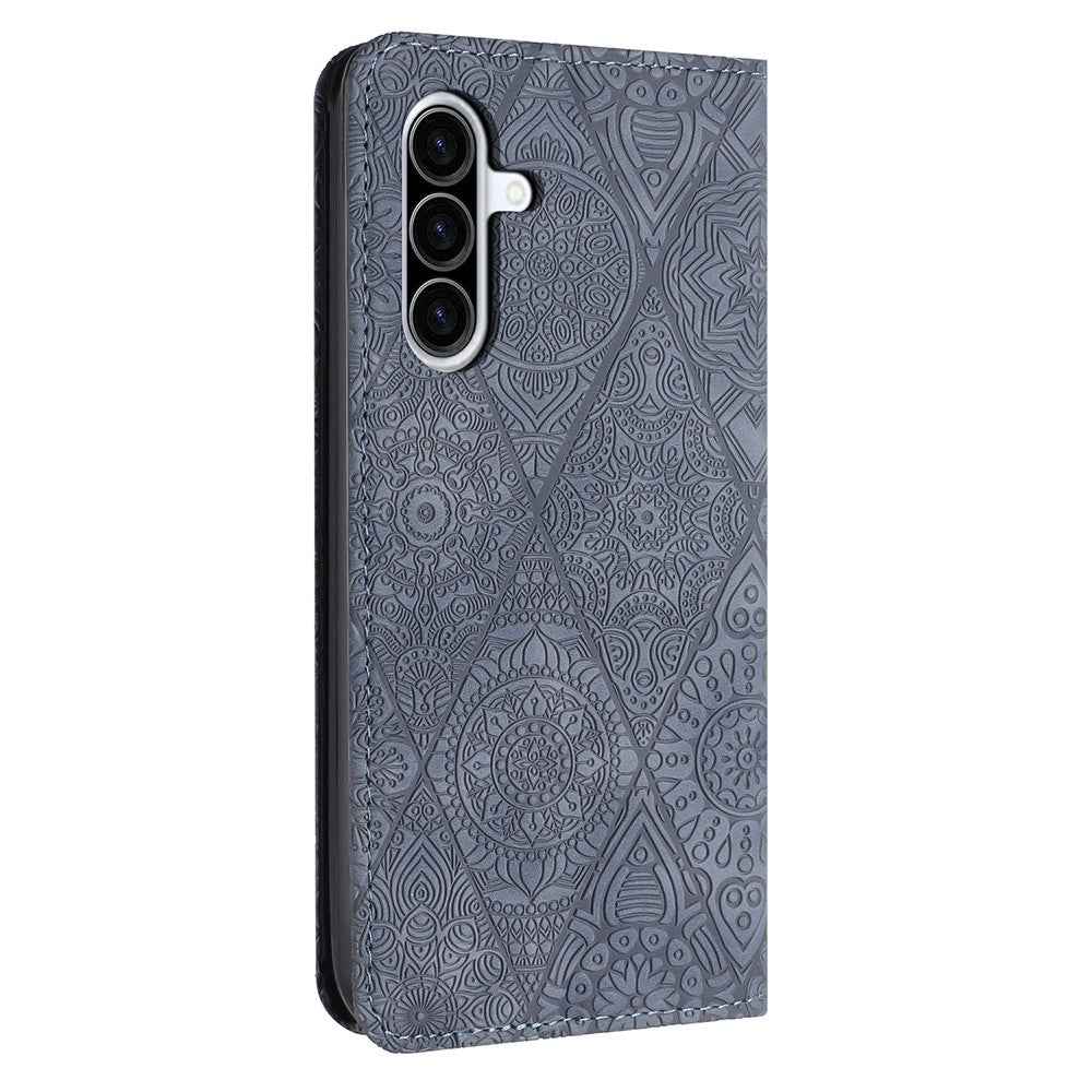 For Samsung Galaxy A57 5G Case Imprinted Flower Wallet Stand Leather Phone Cover - Grey