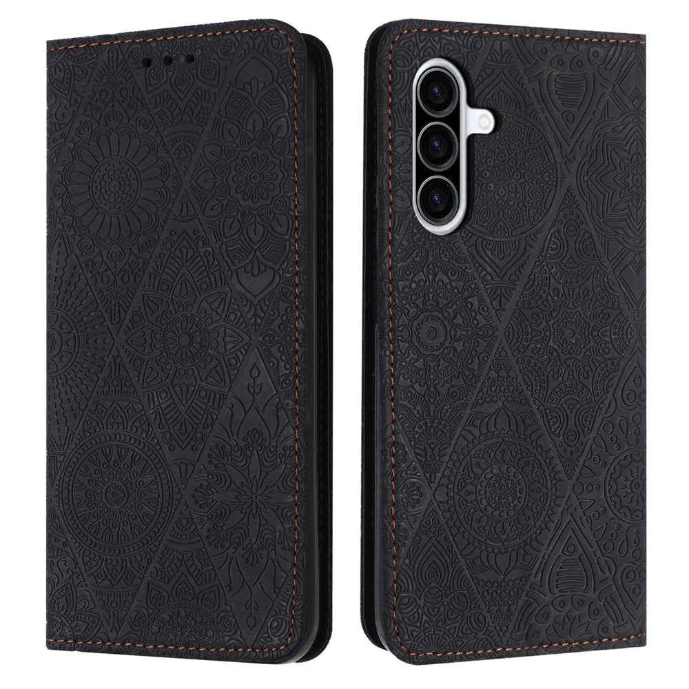 For Samsung Galaxy A57 5G Case Imprinted Flower Wallet Stand Leather Phone Cover - Black