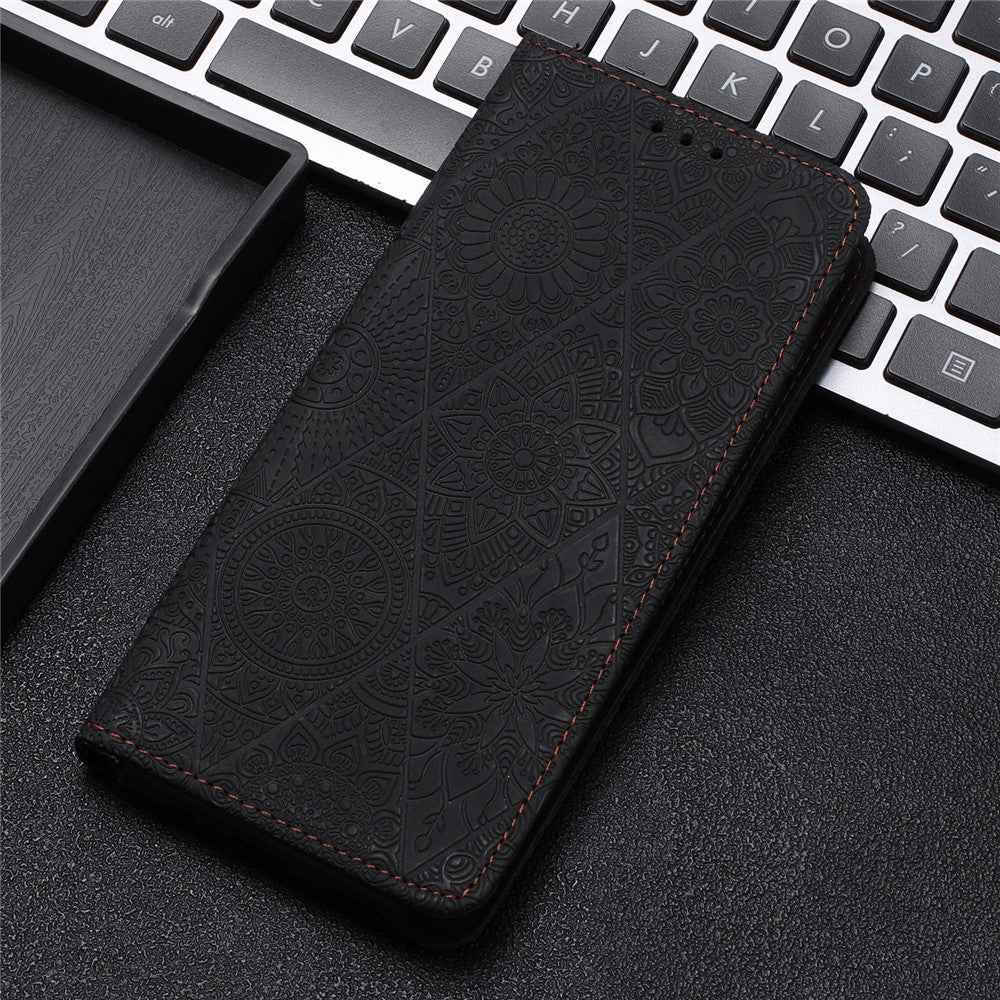 For Samsung Galaxy A57 5G Case Imprinted Flower Wallet Stand Leather Phone Cover - Black