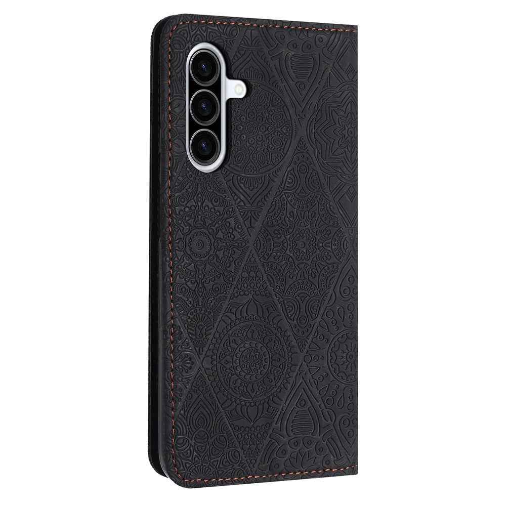 For Samsung Galaxy A57 5G Case Imprinted Flower Wallet Stand Leather Phone Cover - Black