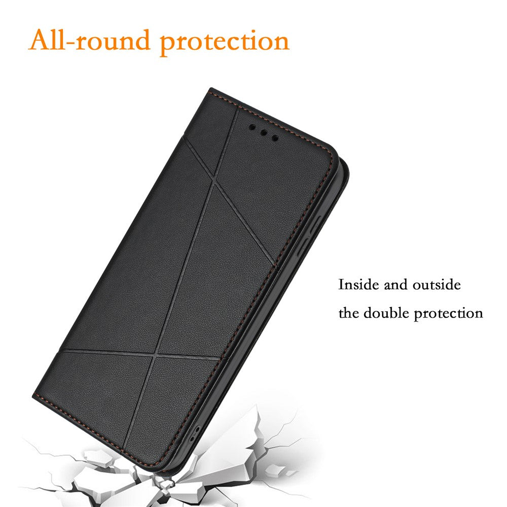 For Xiaomi Redmi Note 15 Pro 4G (Global) Wallet Case Line Imprinted Leather Stand Phone Cover with Wrist Strap - Black