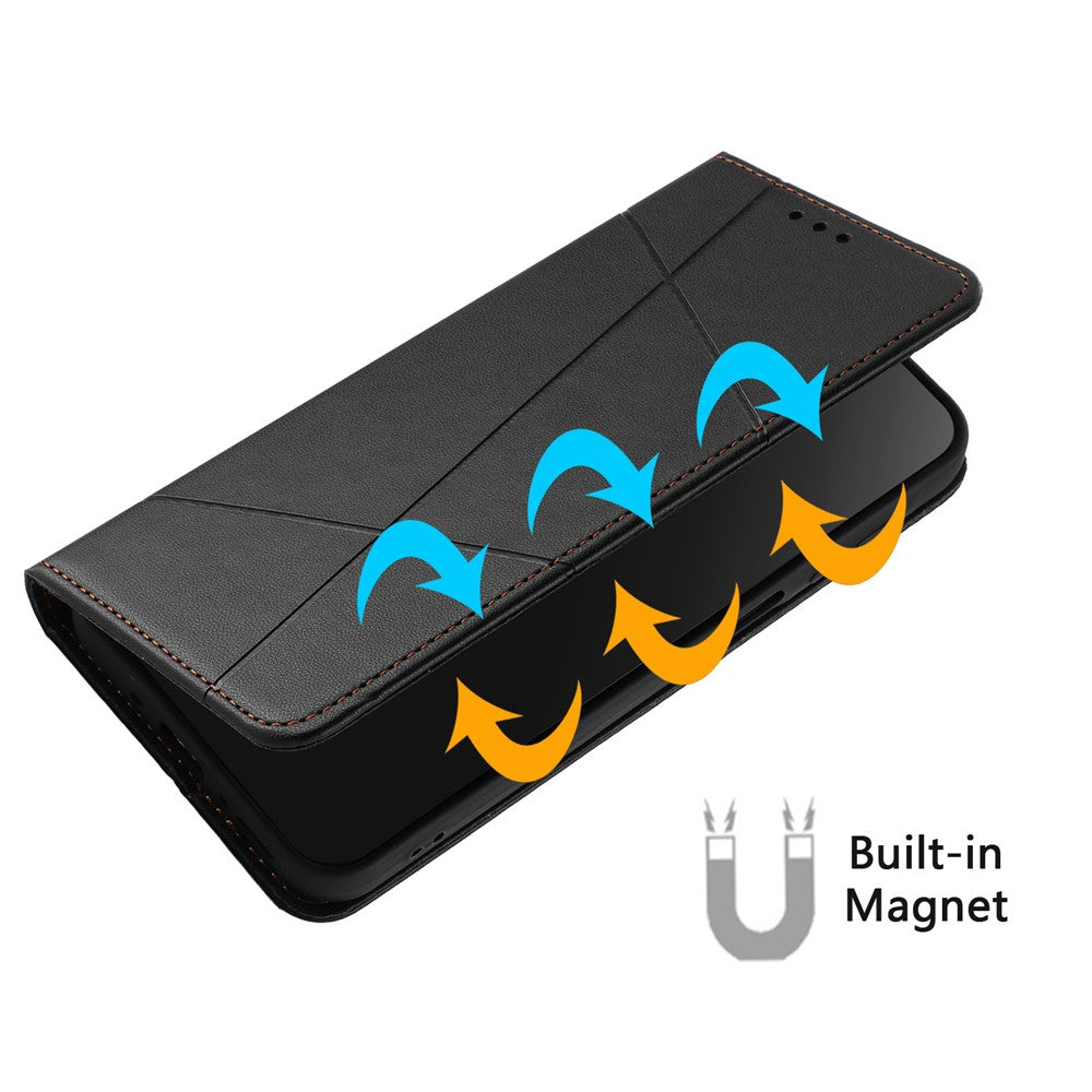 For Xiaomi Redmi Note 15 Pro 4G (Global) Wallet Case Line Imprinted Leather Stand Phone Cover with Wrist Strap - Black