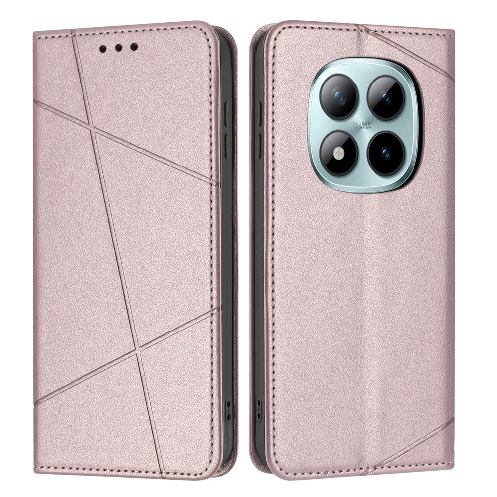 For Xiaomi Redmi Note 15 Pro 4G (Global) Wallet Case Line Imprinted Leather Stand Phone Cover with Wrist Strap - Rose Gold