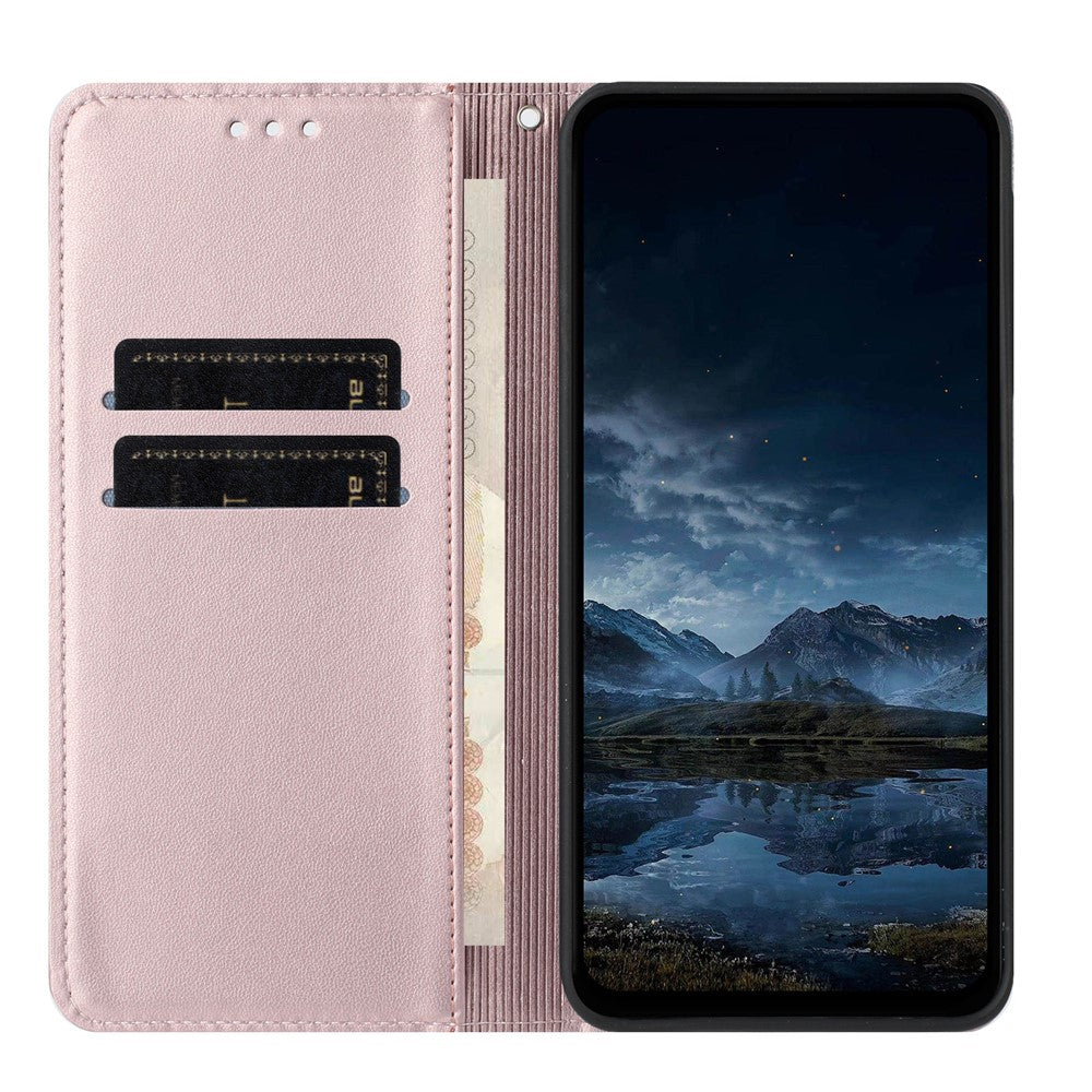 For Xiaomi Redmi Note 15 Pro 4G (Global) Wallet Case Line Imprinted Leather Stand Phone Cover with Wrist Strap - Rose Gold
