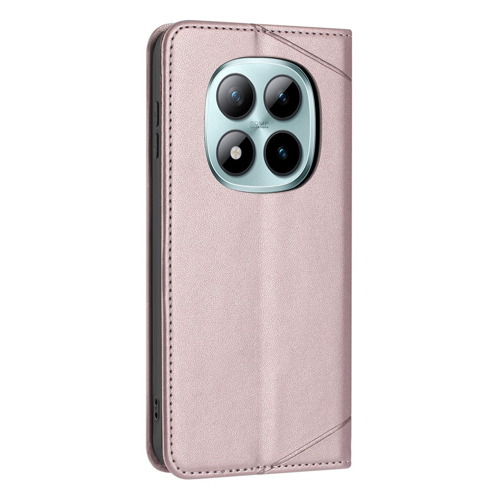 For Xiaomi Redmi Note 15 Pro 4G (Global) Wallet Case Line Imprinted Leather Stand Phone Cover with Wrist Strap - Rose Gold