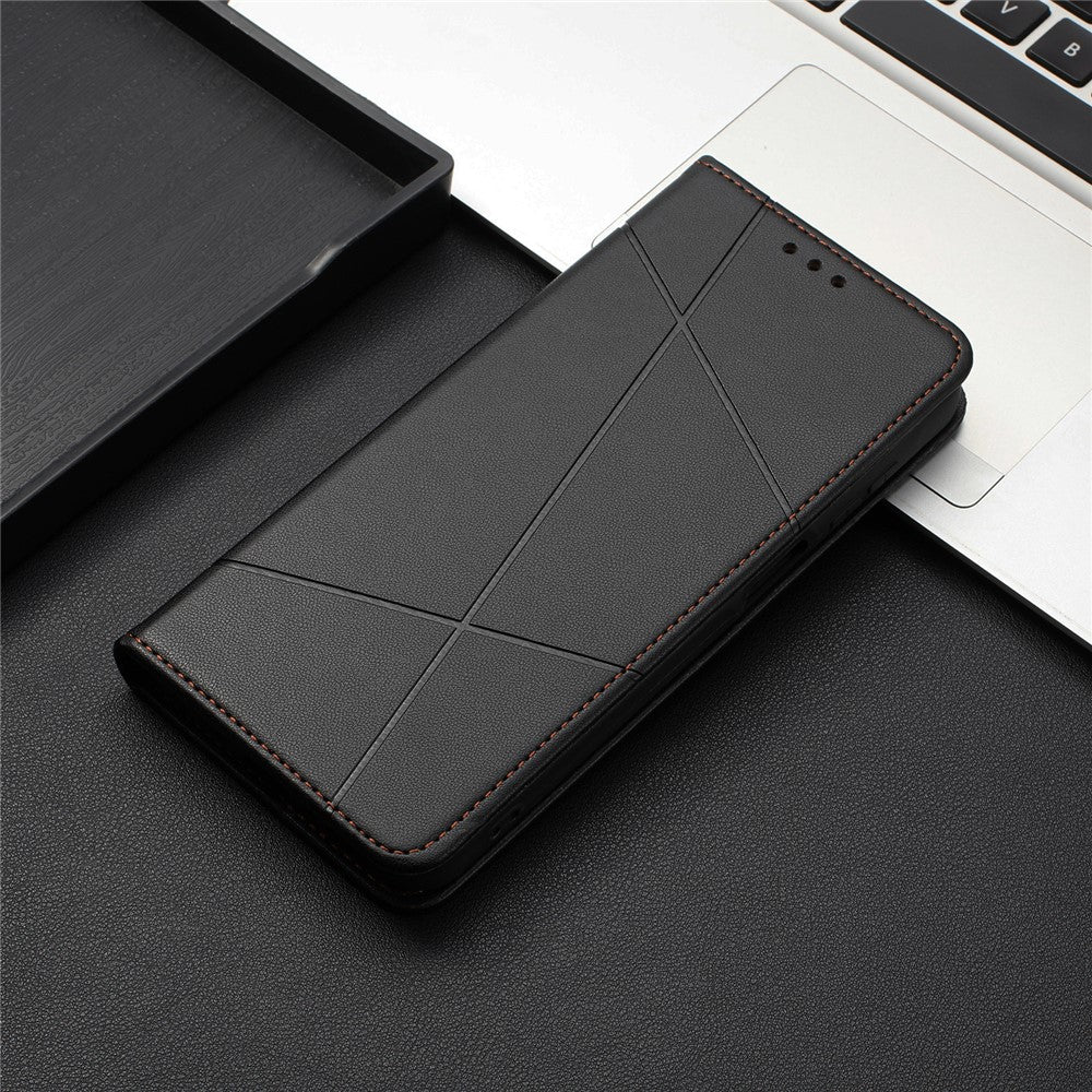 For Xiaomi Redmi Note 15 4G (Global) Wallet Case Line Imprinted Leather Stand Phone Cover with Wrist Strap - Black