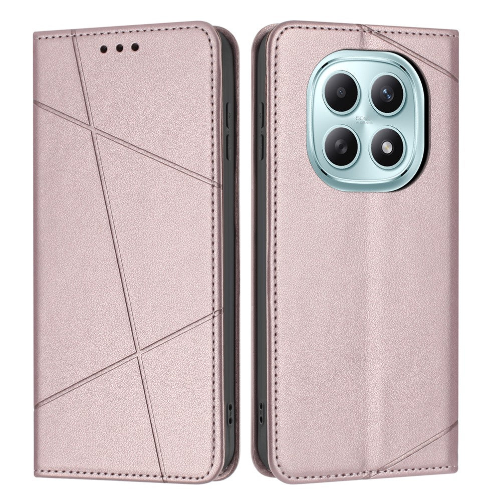 For Xiaomi Redmi Note 15 4G (Global) Wallet Case Line Imprinted Leather Stand Phone Cover with Wrist Strap - Rose Gold