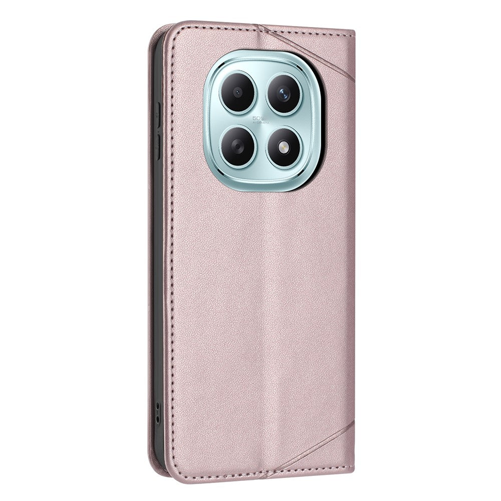 For Xiaomi Redmi Note 15 4G (Global) Wallet Case Line Imprinted Leather Stand Phone Cover with Wrist Strap - Rose Gold