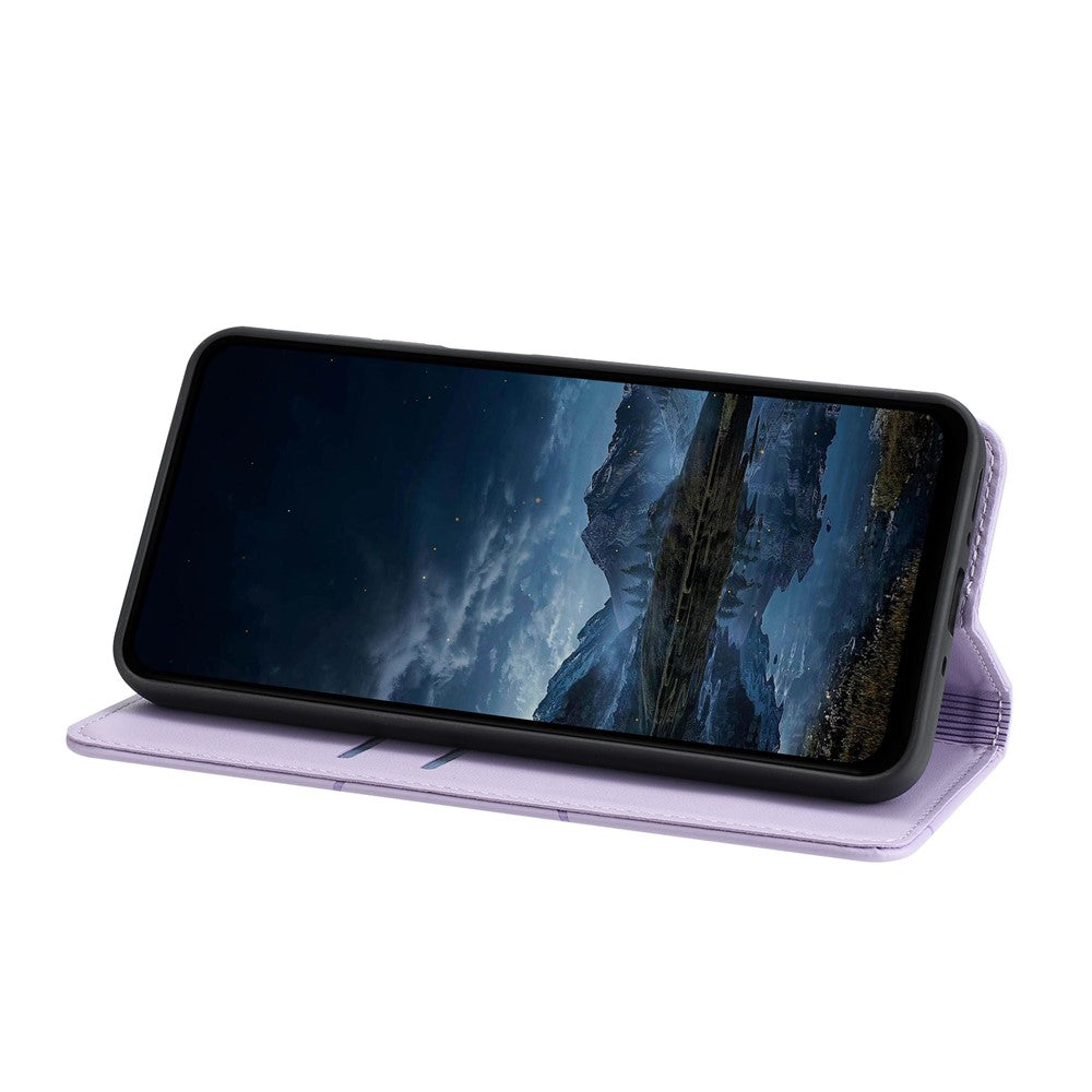For Xiaomi Redmi Note 15 4G (Global) Wallet Case Line Imprinted Leather Stand Phone Cover with Wrist Strap - Purple