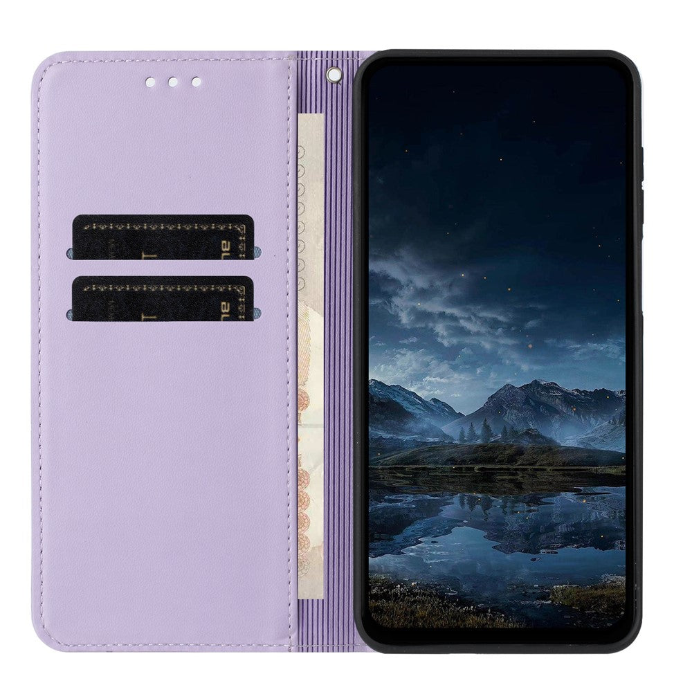 For Xiaomi Redmi Note 15 4G (Global) Wallet Case Line Imprinted Leather Stand Phone Cover with Wrist Strap - Purple