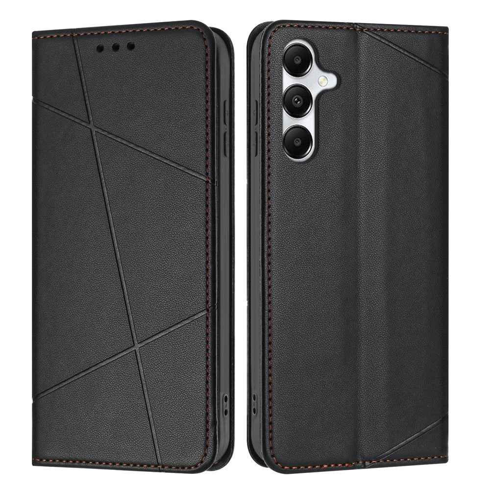 For Samsung Galaxy A57 5G Wallet Case Line Imprinted Leather Stand Phone Cover with Wrist Strap - Black