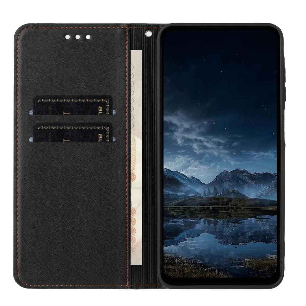 For Samsung Galaxy A57 5G Wallet Case Line Imprinted Leather Stand Phone Cover with Wrist Strap - Black
