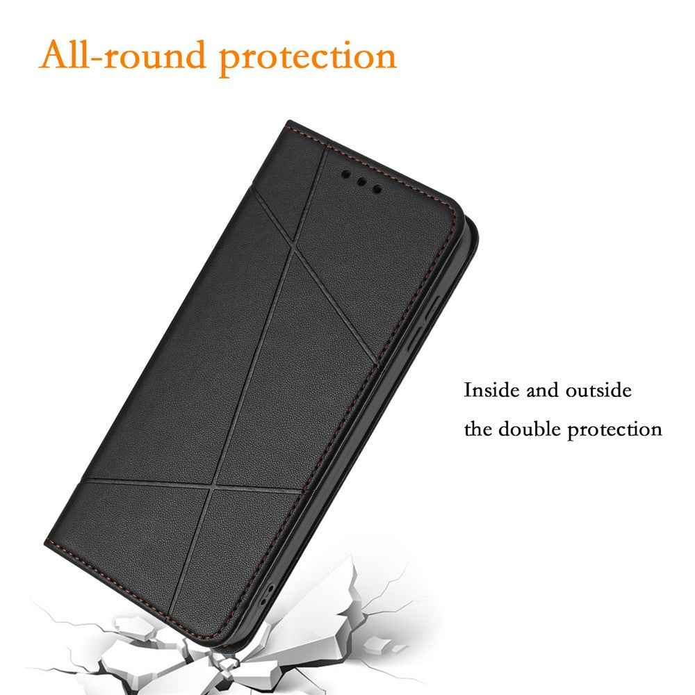 For Samsung Galaxy A57 5G Wallet Case Line Imprinted Leather Stand Phone Cover with Wrist Strap - Black