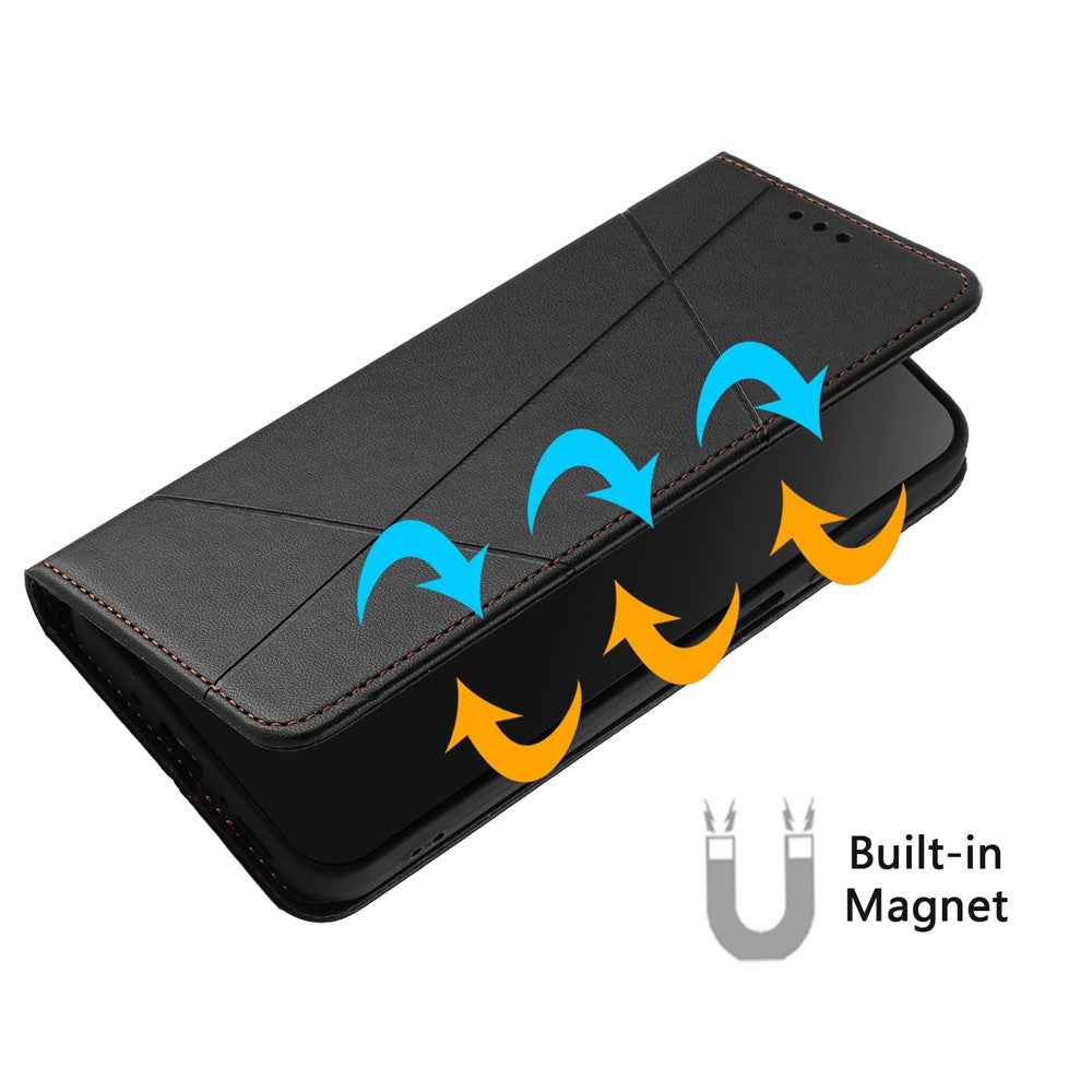 For Samsung Galaxy A57 5G Wallet Case Line Imprinted Leather Stand Phone Cover with Wrist Strap - Black