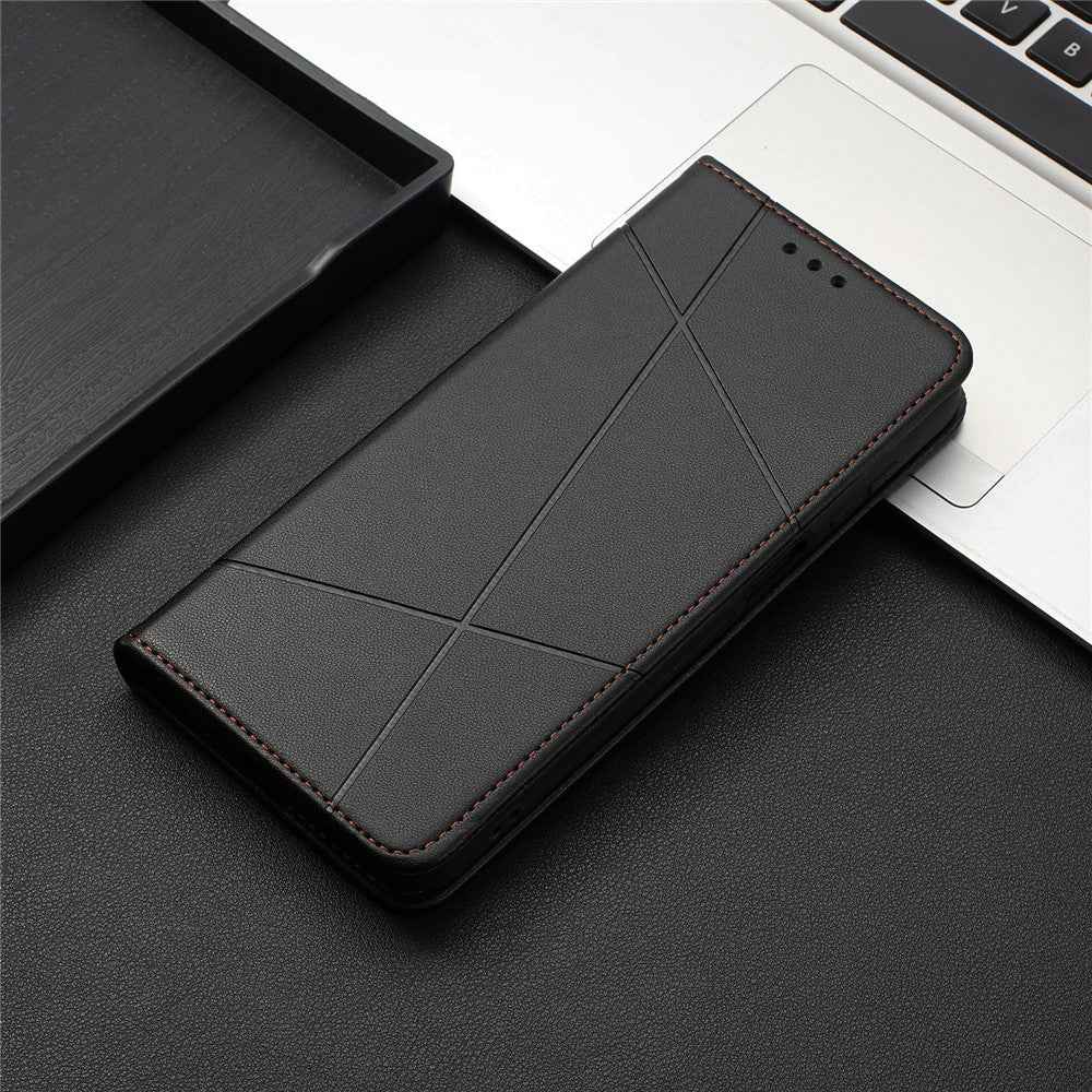 For Samsung Galaxy A57 5G Wallet Case Line Imprinted Leather Stand Phone Cover with Wrist Strap - Black