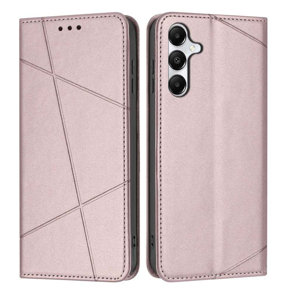 For Samsung Galaxy A57 5G Wallet Case Line Imprinted Leather Stand Phone Cover with Wrist Strap - Rose Gold