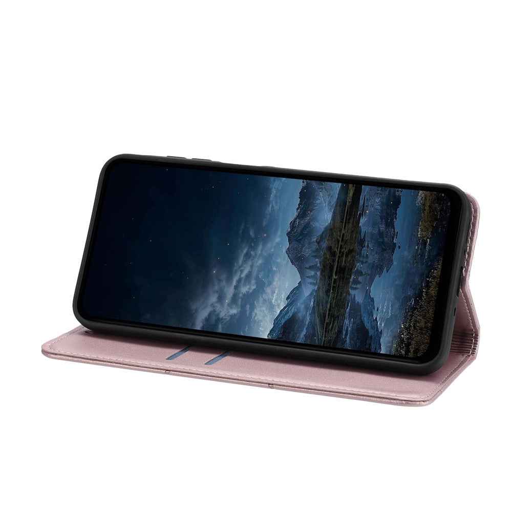 For Samsung Galaxy A57 5G Wallet Case Line Imprinted Leather Stand Phone Cover with Wrist Strap - Rose Gold