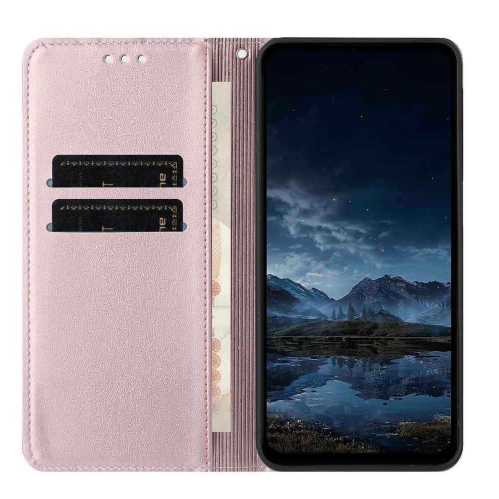 For Samsung Galaxy A57 5G Wallet Case Line Imprinted Leather Stand Phone Cover with Wrist Strap - Rose Gold