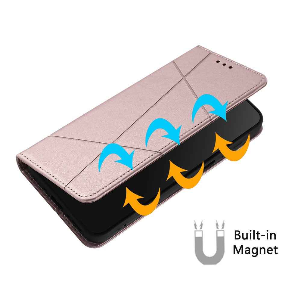 For Samsung Galaxy A57 5G Wallet Case Line Imprinted Leather Stand Phone Cover with Wrist Strap - Rose Gold