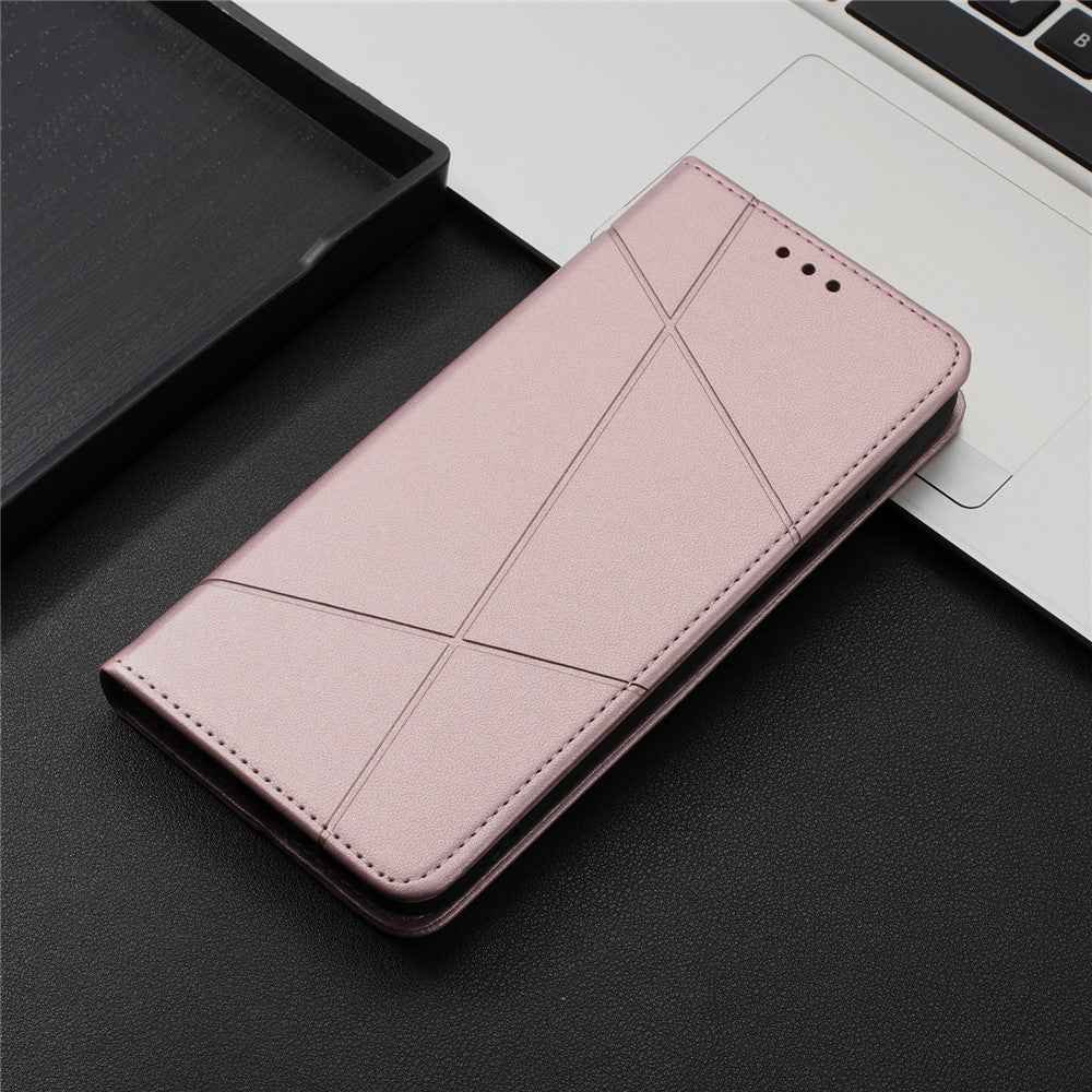 For Samsung Galaxy A57 5G Wallet Case Line Imprinted Leather Stand Phone Cover with Wrist Strap - Rose Gold