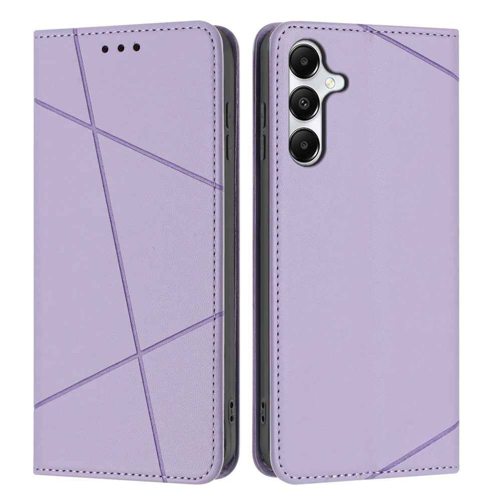 For Samsung Galaxy A57 5G Wallet Case Line Imprinted Leather Stand Phone Cover with Wrist Strap - Purple