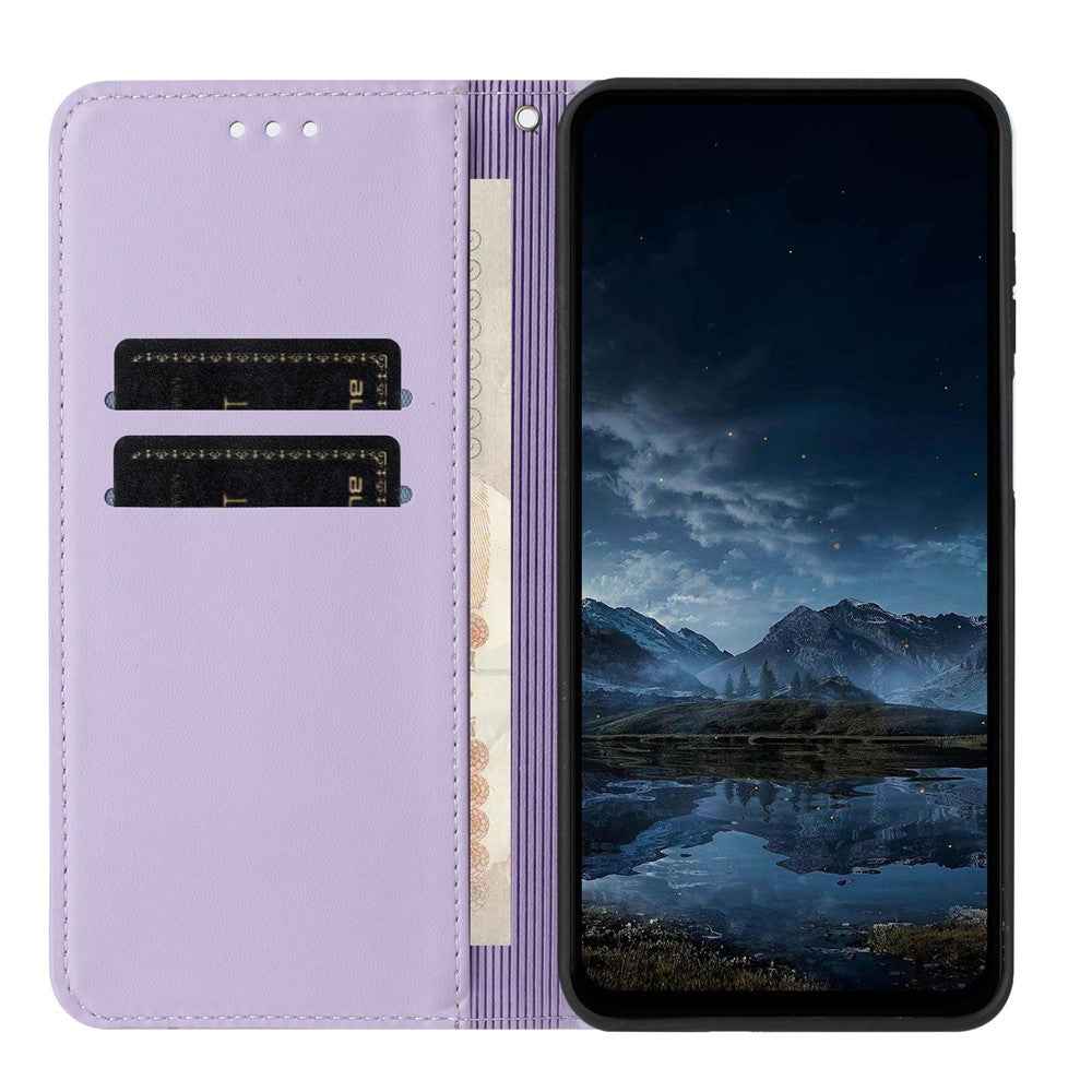 For Samsung Galaxy A57 5G Wallet Case Line Imprinted Leather Stand Phone Cover with Wrist Strap - Purple