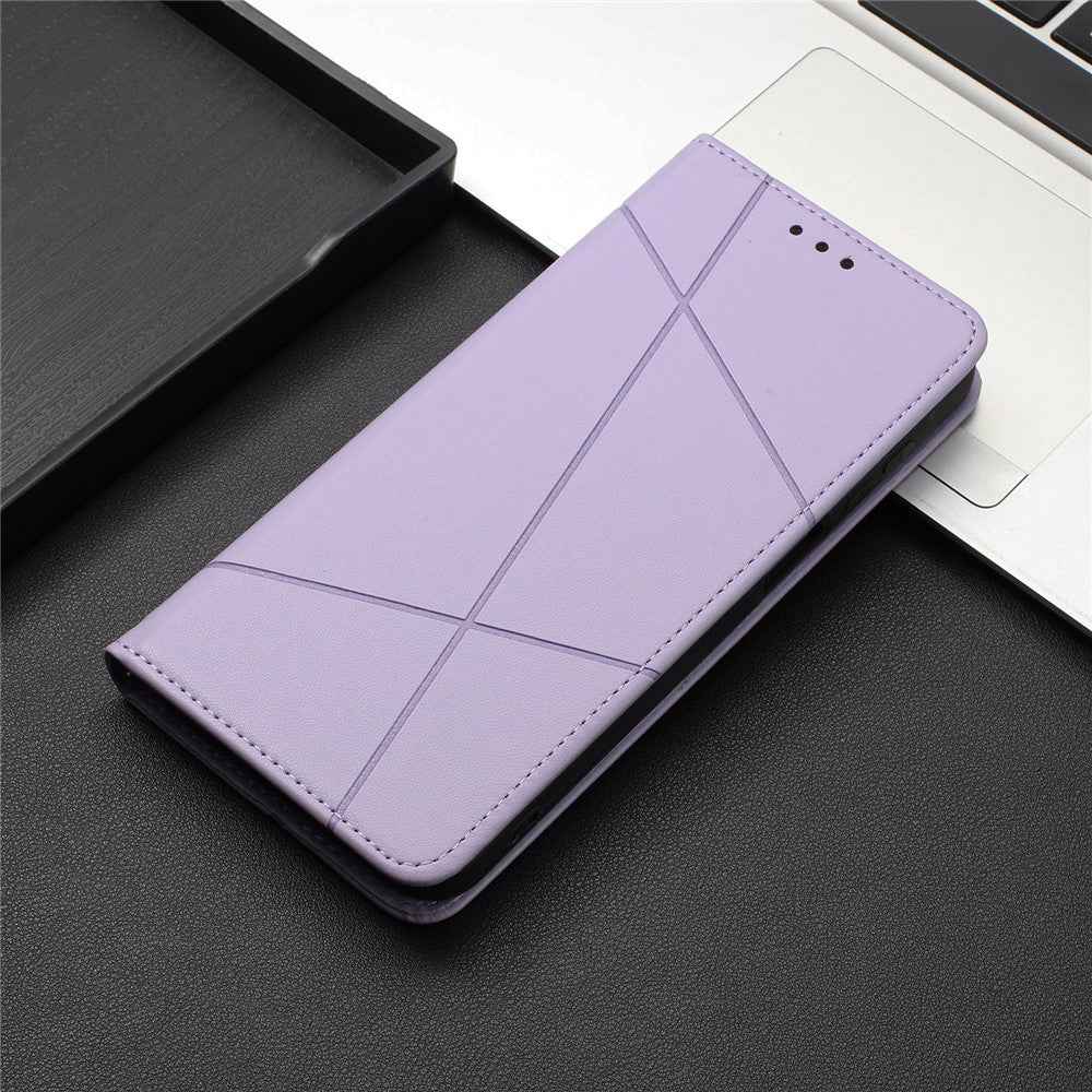 For Samsung Galaxy A57 5G Wallet Case Line Imprinted Leather Stand Phone Cover with Wrist Strap - Purple